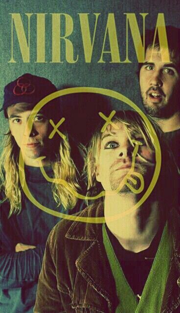 the band nirvana appearing in front of a green background with an x sign above them