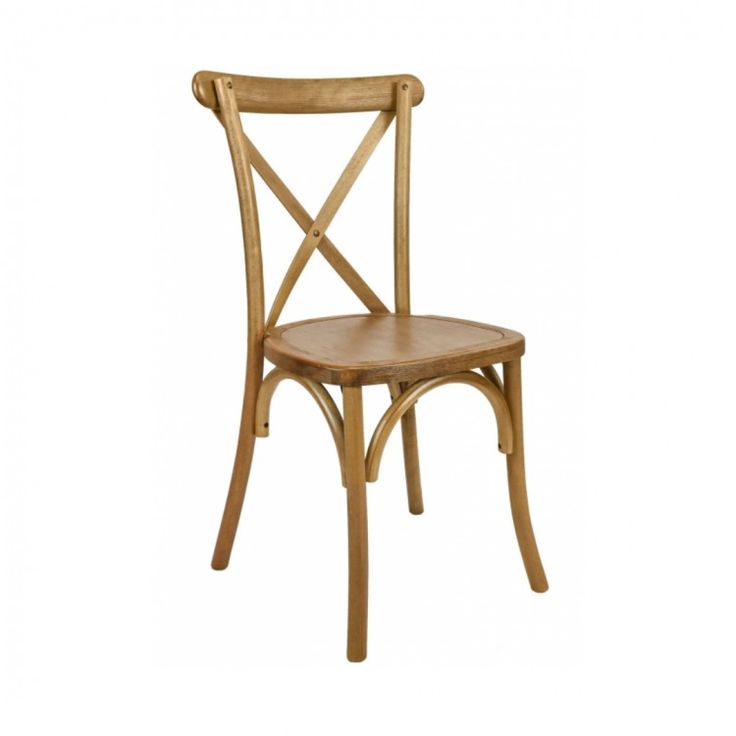 a wooden chair with a cross back design on the seat and backrest, against a white background