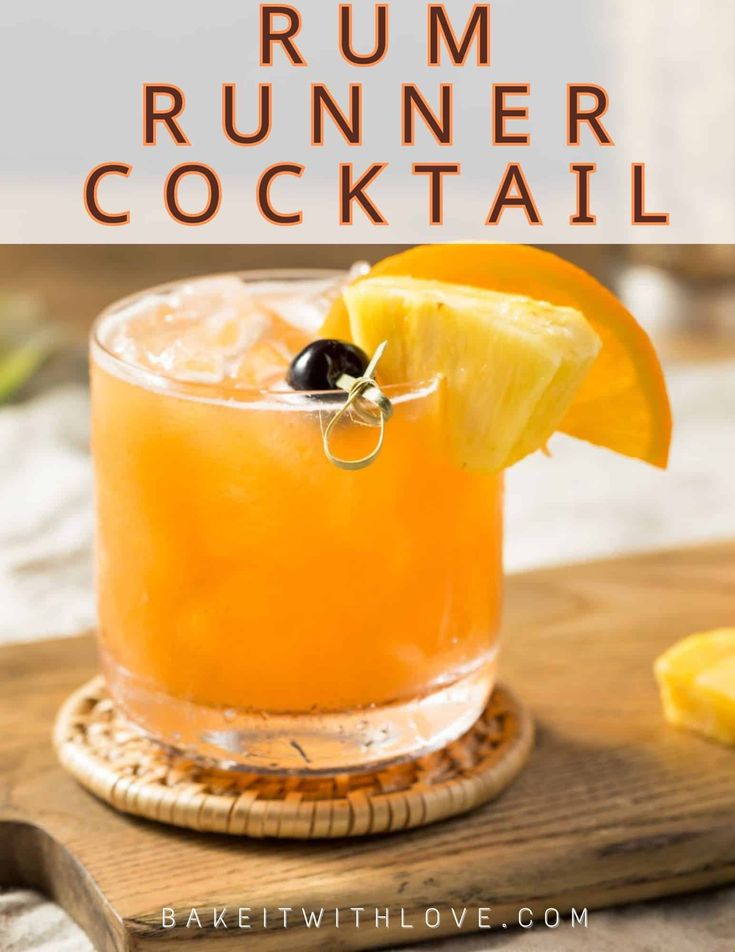 the rum runner cocktail is garnished with an orange slice and black olives