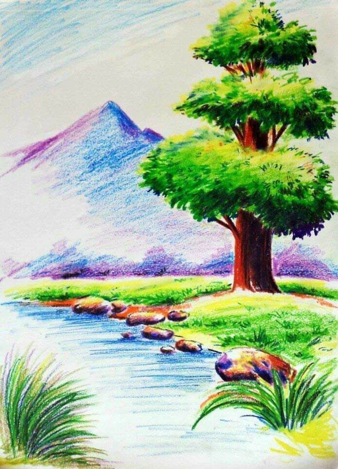 a drawing of a tree near a river with mountains in the background and grass on the bank