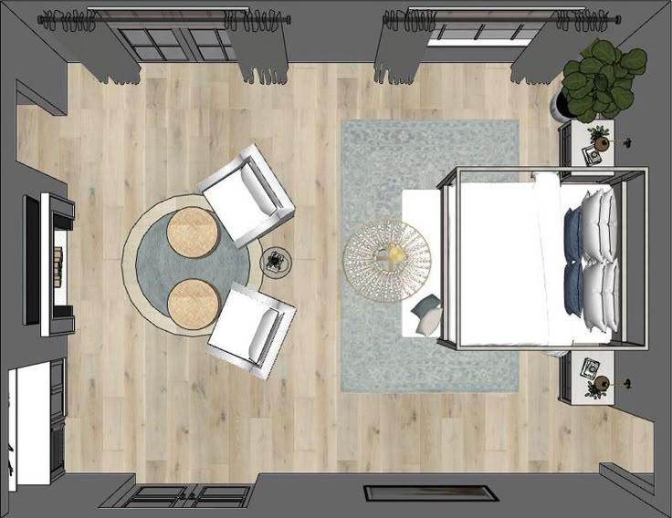 an overhead view of a living room and dining room from above, with furniture arranged on the floor