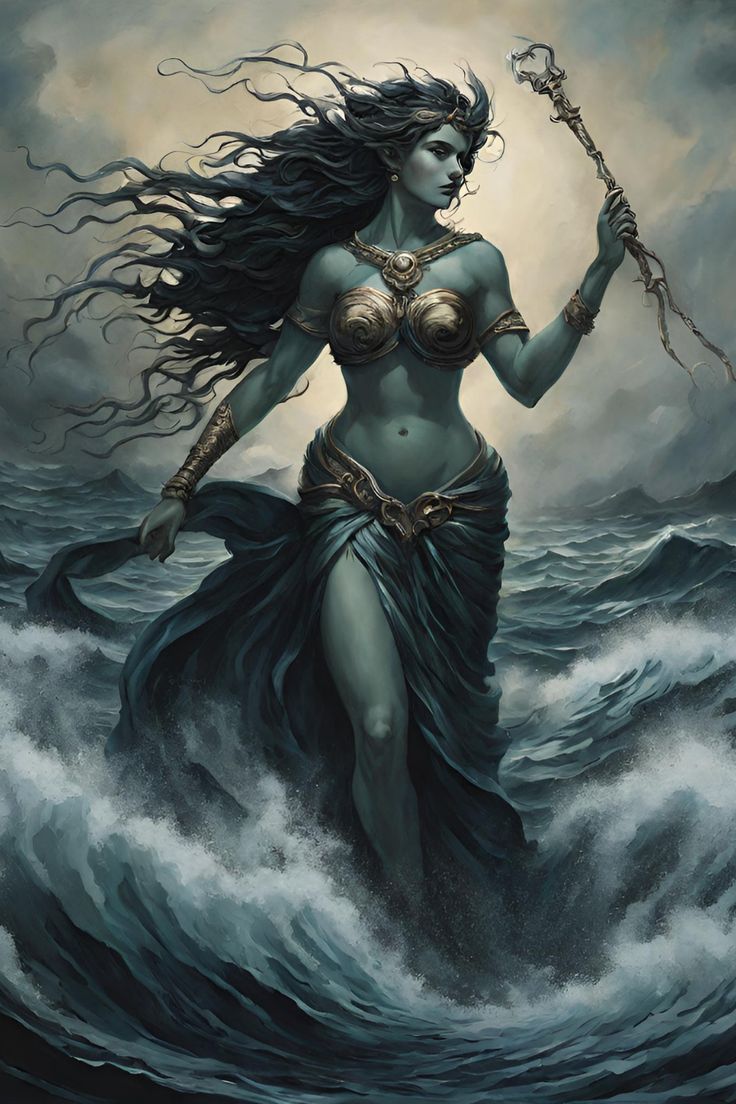 a painting of a woman with long hair holding a staff in her hand while standing on waves