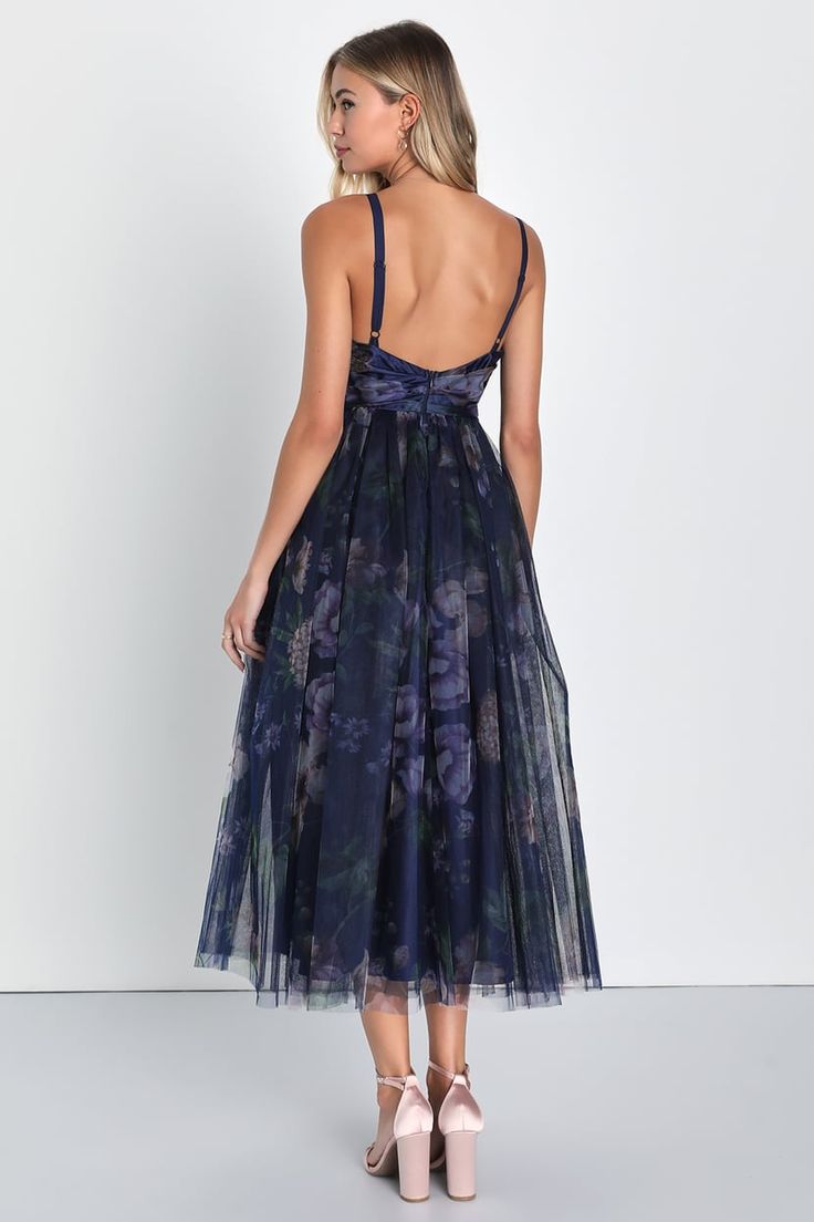 Navy Blue Floral Dress - Floral Tulle Dress - Pleated Tulle Dress - Lulus Pleated Floral Dress, Floral Wedding Guest Dress Spring Summer, Elegant Midi Dress Wedding, Midi Dress Tulle, Purple Flower Dress, Pleated Tulle Dress, Latest Dress Styles, Fit And Flare Midi Dress, Floral Tulle Dress