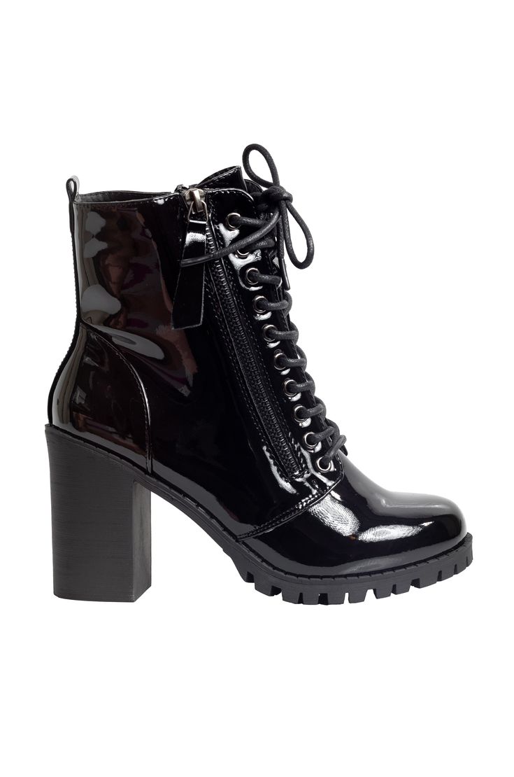 Add some edge to your wardrobe with the Access - Lace Up Block Heel Ankle Boot. These boots feature a block mid heel and rubber lug sole for comfort and durability. The adjustable lace up closure and side zipper closure make for a perfect fit. Plus, the closed round toe and lightly padded insole add an extra touch of style. Size & Fit Boot Height Approx: 9" Heel Height Approx: 3.5" Platform Height Approx: .5" Shoe Model Suggestion: True To Size Product Details Adjustable Lace Up Closure Side Zip Black Lace-up Boots With Chunky Platform And Block Heel, High Heel Synthetic Lace-up Boots With Lug Sole, Black Lace-up Heeled Boots With Lug Sole, Black Ankle Lace-up Boots With Reinforced Heel, Black Lace-up Platform Boots With Buckle Closure, Single Sole Heels, Lace Up Block Heel, Platform Block Heels, Block Heel Ankle Boots