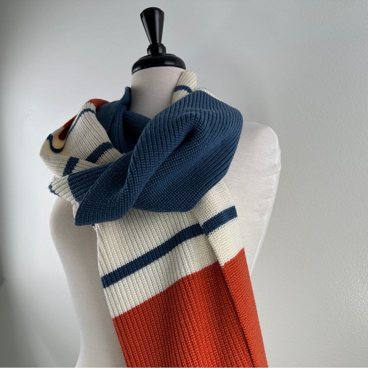 New With Tags Eleventy Wool Knit Scarf Heavier Scarf Striped With Burnt Orange,Off White, Slate Blue Color 13 Inches Wide By 72 Inches Long No Apparent Flaws See Photos Thrifting Manifestation, Orange Scarf, Crocheting Ideas, Large Scarf, Striped Scarves, Blanket Scarf, Wool Knit, Blue And Orange, Pattern Mixing