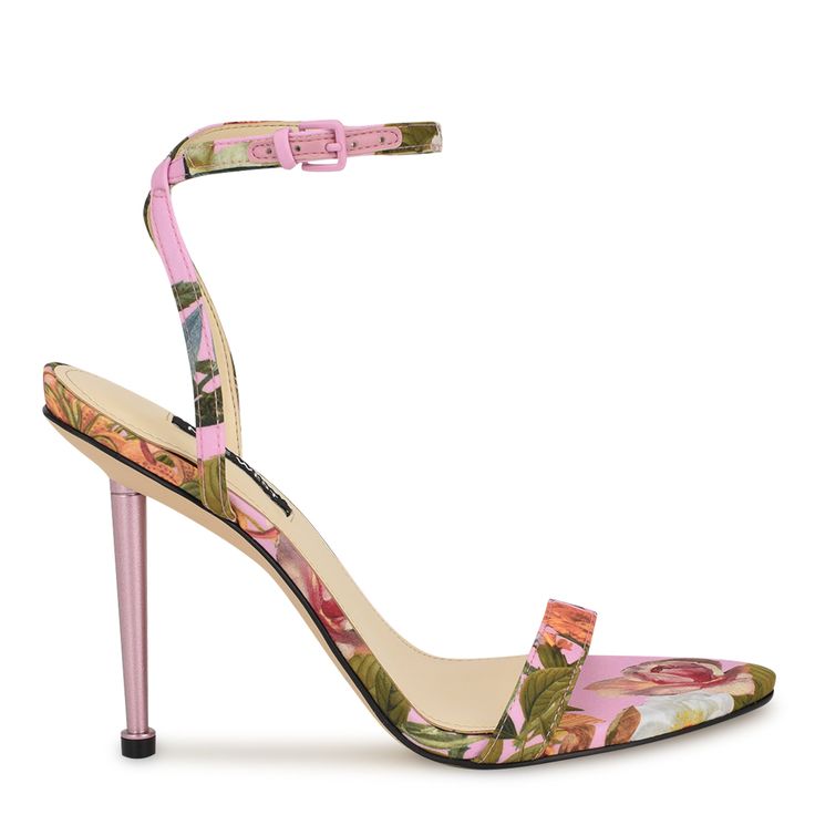 Reina Ankle Strap Sandals Floral Print High Heel Synthetic Sandals, Multicolor 4-inch Heels For Evening, Multicolor Floral Print High Heel Sandals, Multicolor 4-inch Heel Spring Heels, Luxury Floral Print Open Toe Heels, Nine West Heels, Blue Valentine, Open Toed Heels, Medium Purple