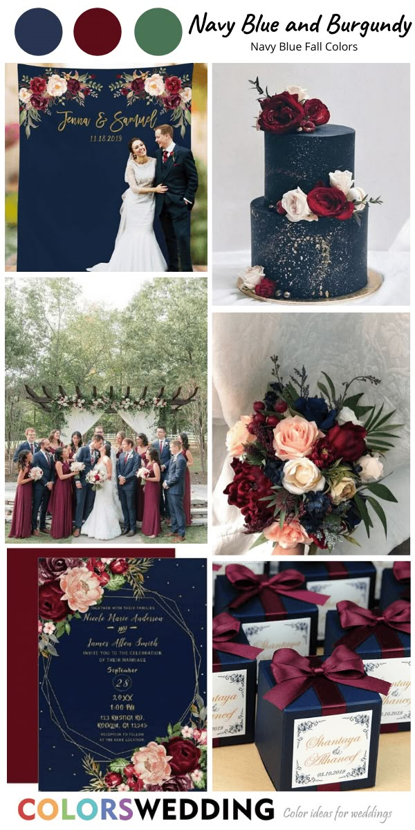 navy and burgundy wedding color palettes for the bride, groom, and guests to choose from