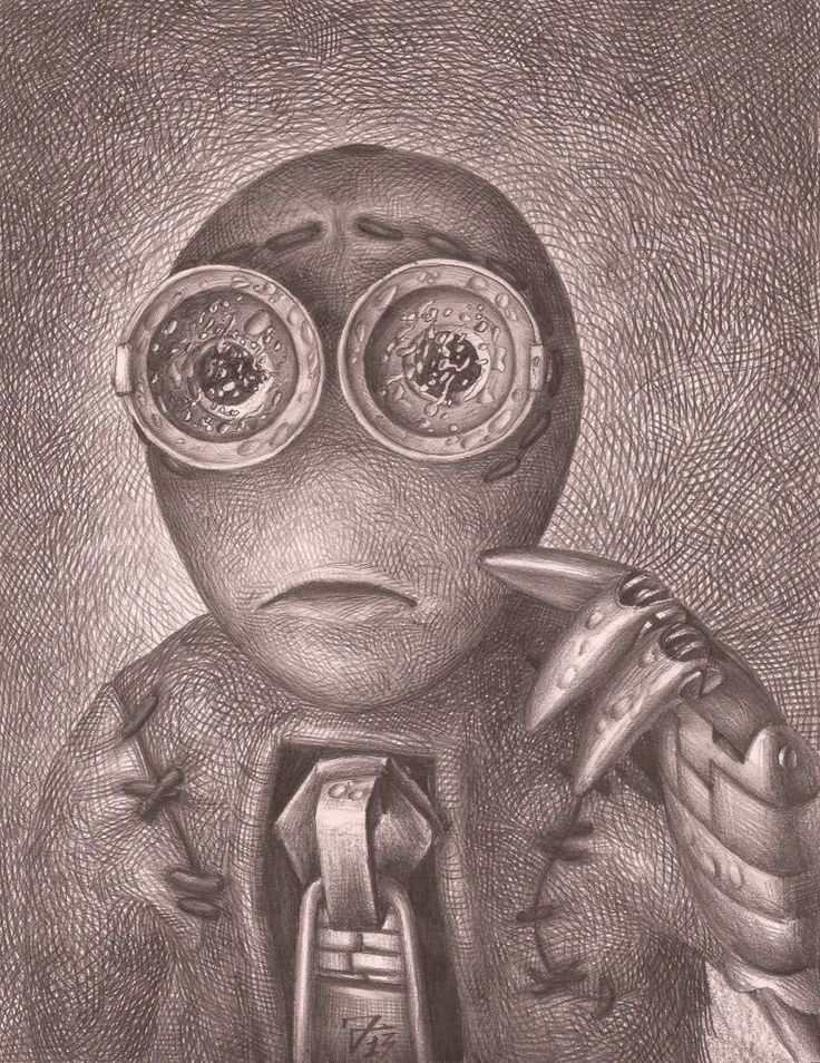 a pencil drawing of a man with large eyes holding a knife and looking at the camera