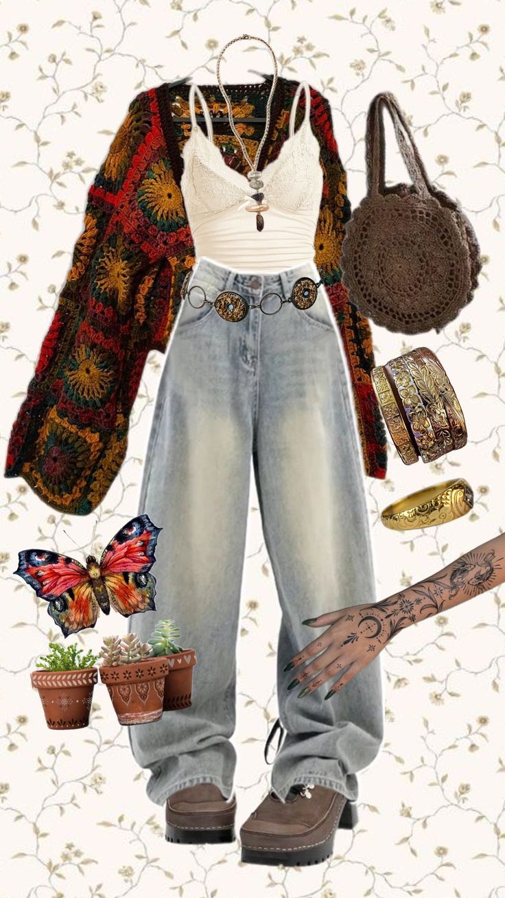 #boho #bohoaesthetic #natureaesthetic #crochet Grungy Outfit Aesthetics, Types Of Outfits Style List, Craft Show Outfit Ideas, Boho Outfits Winter Bohemian, Bright Boho Outfit, Boho Outfits For Winter, Boho Trousers Outfit, Winter Outfits Boho Chic, Earth Tone Y2k