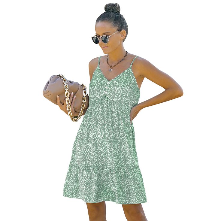 Green Floral Print High Waist Sling Dress