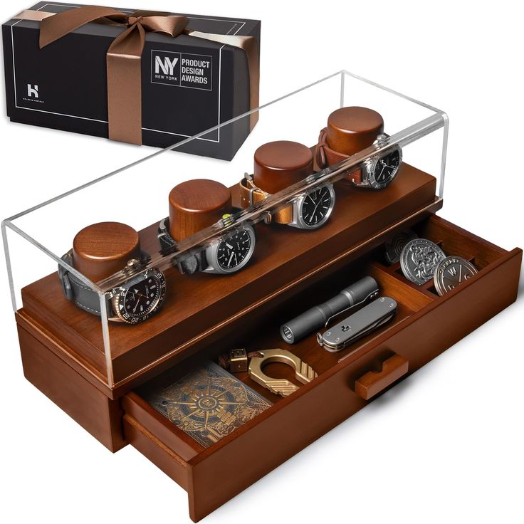 PRICES MAY VARY. THE HOME FOR YOUR FAVORITE WATCHES — Your style will be on full display with this patented, eye-catching wooden mens watch box design which also makes a perfect gift. Rotate your watch collection on display on the four watch display pillars, with an additional drawer to store your other everyday carry items. Make a statement with this watch case. REDEFINING YOUR WATCH STORAGE — Reach for all your watches and accessories in one place. This watch case combines an innovative acryli Watch Box Design, Luxury Watch Box, Watch Box For Men, Mens Jewelry Box, Wooden Watch Box, Mens Watch Box, Watch Display Case, Wooden Watches For Men, Watch Stand