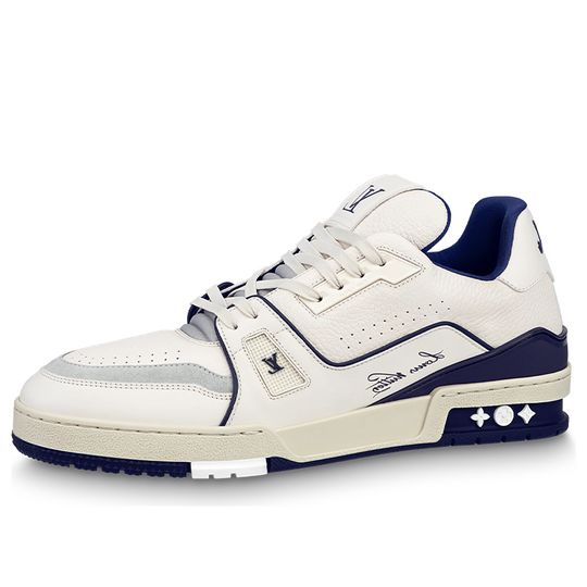 LOUIS VUITTON LV Trainer Sneakers 'White Navy' 1ABNIH - KICKS CREW White Luxury Low-top Sneakers, Luxury White Sneakers With Boost Midsole, Luxury Custom White Sneakers With Boost Midsole, Luxury White Sneakers For Sneaker Matching, Limited Edition Sneakers, Sports Sneakers, Trainer Sneakers, Sport Sneakers, Sneakers White