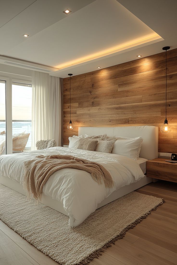 a large white bed sitting in a bedroom next to a tall wooden headboard and window