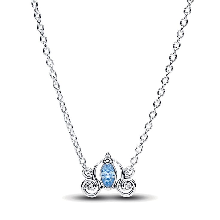 Follow the call of the ball with the Disney Cinderella's Carriage Collier Necklace from Disney x Pandora. This sterling silver necklace features an intricate pendant inspired by Cinderella's enchanted pumpkin carriage, with a blue marquise-shaped stone surrounded by swirling openwork details. Small cubic zirconia stones sparkle on the wheels and pumpkin stem. The pendant is fixed to the chain, and the necklace is adjustable to three lengths. Style it together with the matching stud earrings for an elevated Cinderella-inspired look. Pandora World, Cinderella's Carriage, Disney Box, Disney Necklace, Pumpkin Carriage, Birthday Present Ideas, Pandora Necklace, Pumpkin Stem, Cinderella Disney