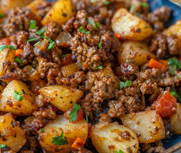 a close up of a plate of food with meat and vegetables on it, including potatoes