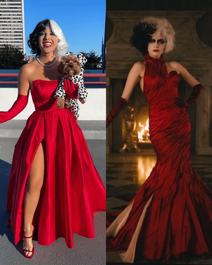 two photos one in red and the other in black, both with high slits