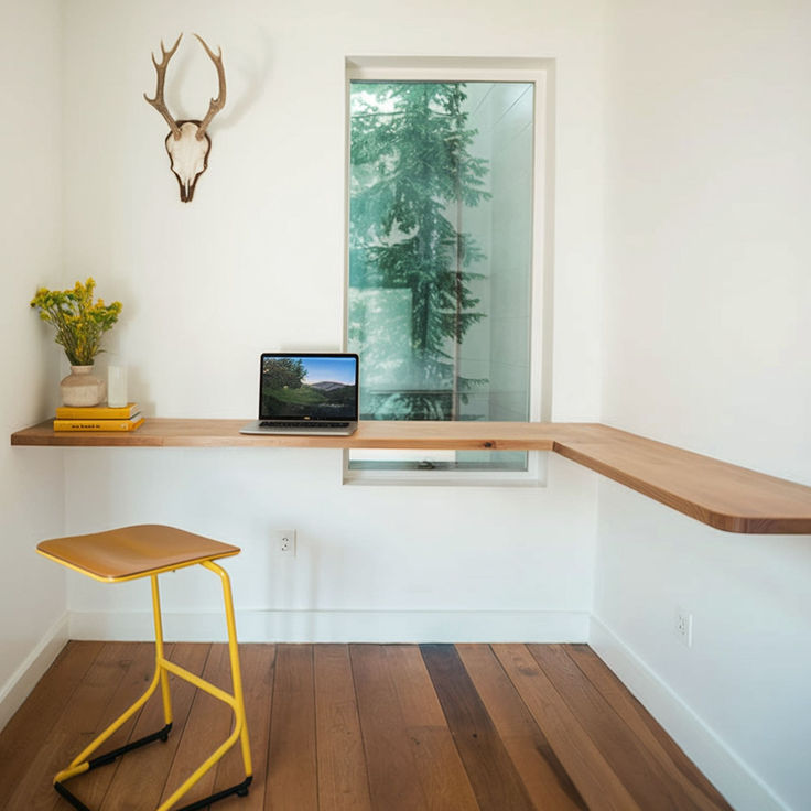 a laptop computer sitting on top of a wooden desk next to a yellow metal chair