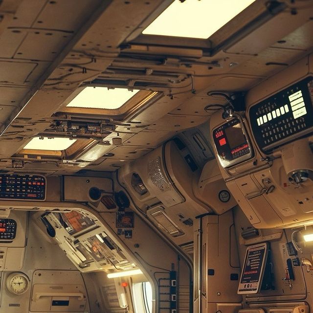 the inside of a space shuttle with many electronic devices on it's walls and windows