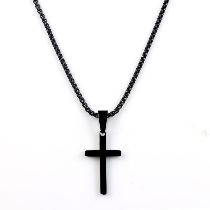 "*Cross Necklace for men is Highly polished shiny both sides surface simple and classic design pendant with 2mm Venetian box chain. *Black Cross Necklace for men, cross pendant with chain High Quality 316L Stainless Steel is Commonly used for jewelry because it will not oxidize or turn black with only minimal maintenance. *Cross Pendant size Small : Length - 0.82\"(21mm), Width - 0.43\"(11mm). Medium : Length - 0.95\"(24mm), Width - 0.56\"(14mm). Large : Length - 1.26\"(32mm), Width - 0.7\"(17mm Black Pendant Chain Necklace Gift, Black Chain Necklace As Gift, Black Chain Necklace For Gift, Black Cross Pendant Necklace With Chain, Black Cross Necklace With Chain, Black Stainless Steel Chain Necklace For Gifts, Black Stainless Steel Chain Necklace As Gift, Black Stainless Steel Chain Necklace, Black Spiritual Chain Necklace