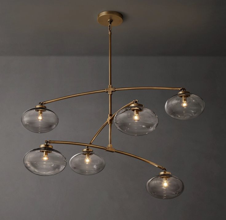 Cabrette Clear Glass Mobile Round Chandelier | RH Mis Century Modern, Japandi Lighting, Modern Brass Chandelier, Custom Canopy, Mid Century Chandelier, Dining Room Remodel, Brass Ceiling, Kitchen Ceiling Lights, Kitchen Ceiling