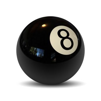 a black pool ball with the number eight on it's side, in front of a white background