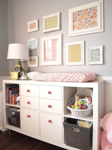 two pictures of a baby's room with white furniture