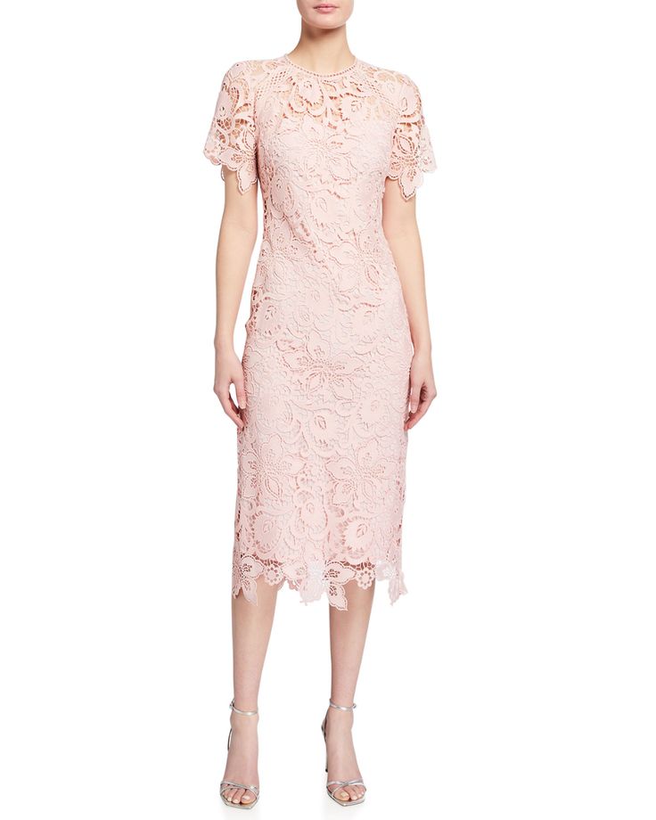 Shoshanna Floral Lace Short-Sleeve Midi Dress | Neiman Marcus Chiffon Drape Dress, Floral Lace Shorts, Designer Cocktail Dress, Bride Groom Dress, What Should I Wear, Illusion Dress, Lace Sheath Dress, Tea Length Dresses, Midi Short Sleeve Dress