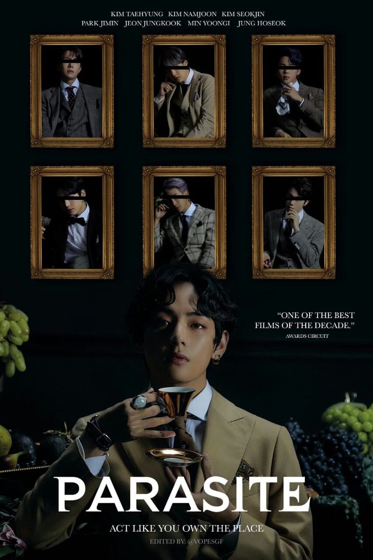 a movie poster for the film parasite with an image of a man holding a cup