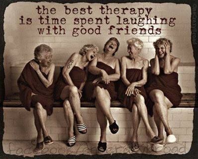 four women sitting on a bench with the words, the best therapy is time spent laughing with good friends