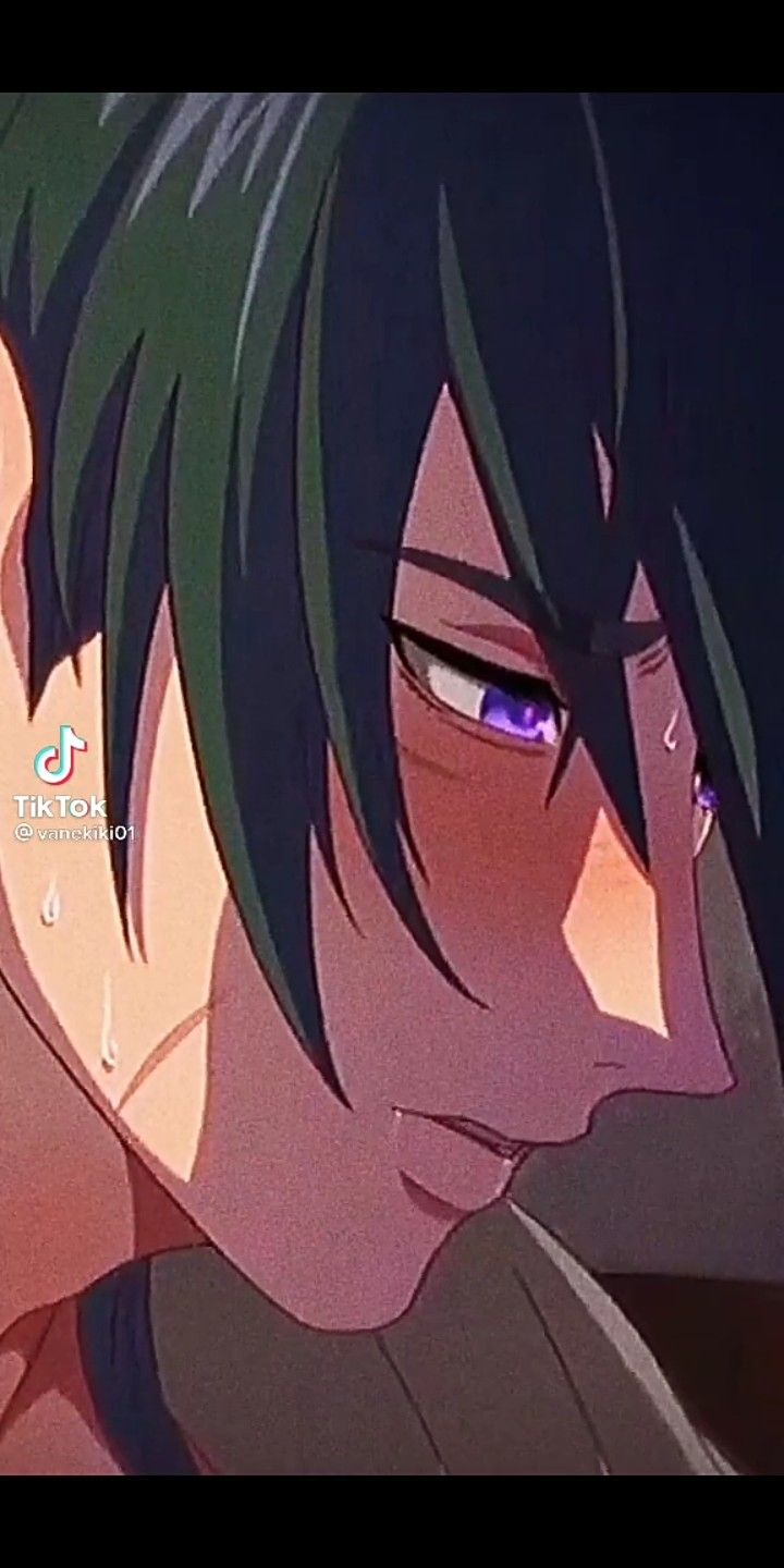 an anime character with green hair and blue eyes looking to his left, while staring at the camera