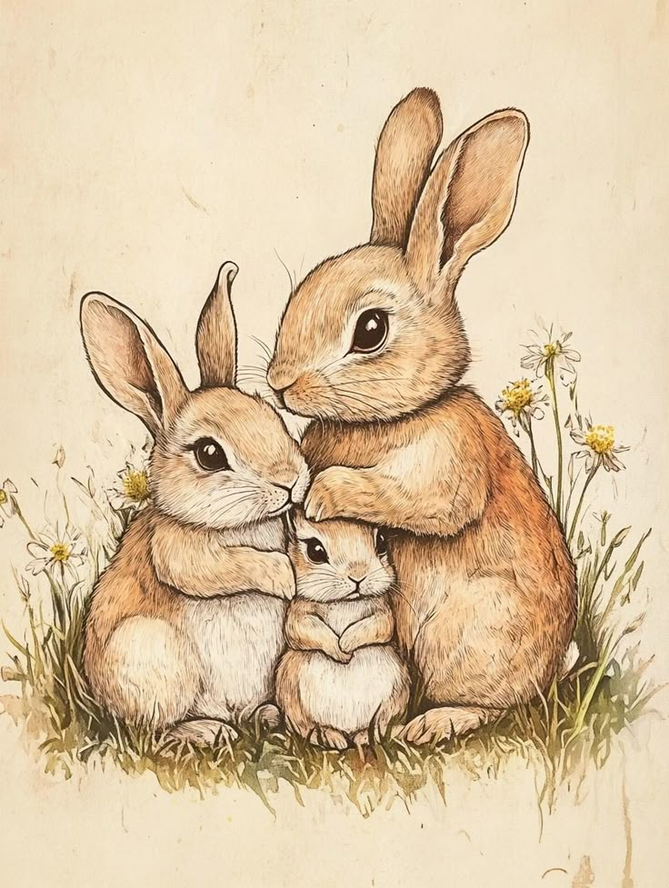 two rabbits are sitting next to each other in the grass with daisies around them