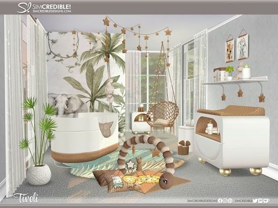 an image of a baby's room in white and brown colors with palm trees on the wall