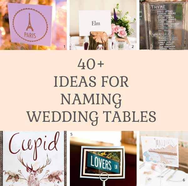 wedding table decorations with the words 40 ideas for naming wedding tables