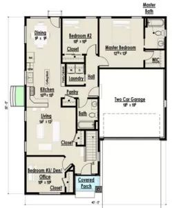 the floor plan for a two story house with an attached garage and living room area