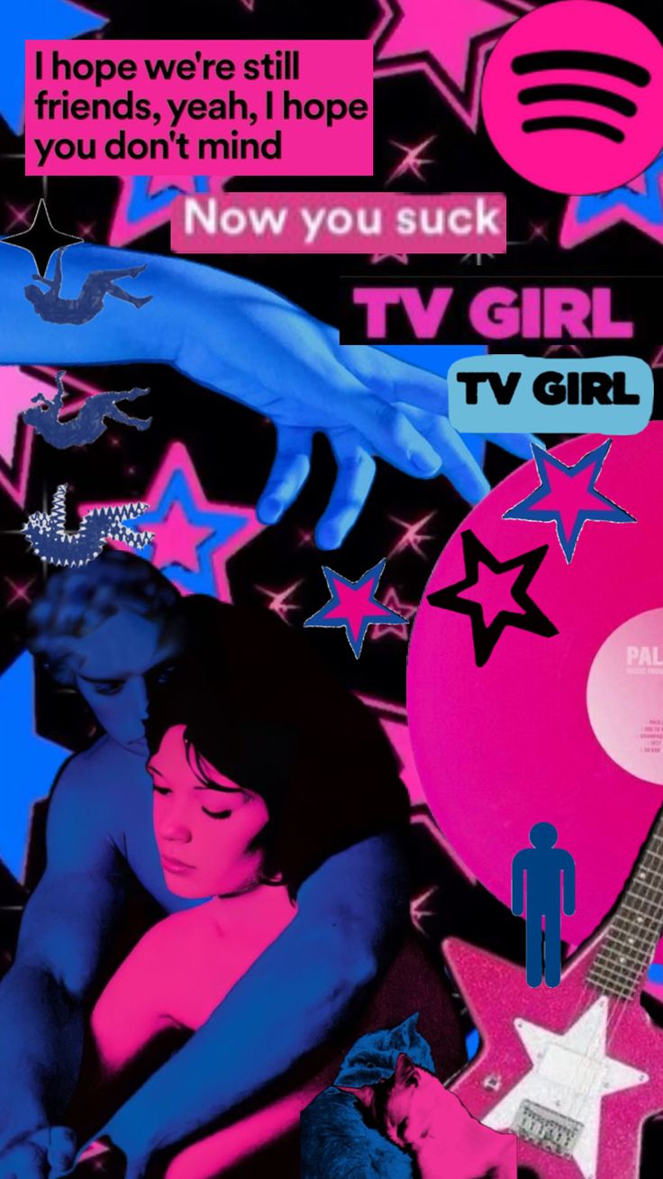 an advertisement for tv girl featuring two women hugging each other with stars on the background