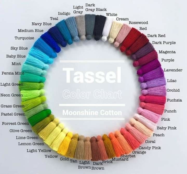 a circle of different colors of thread on top of a white sheet with the words tassel color chart