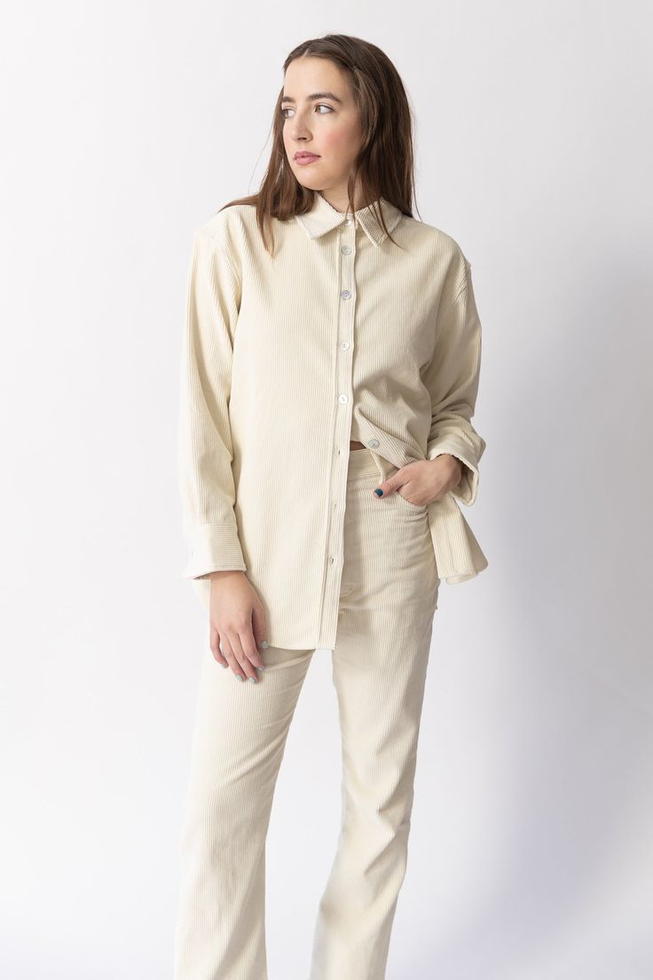 Stay stylish and comfortable with the Camille Shirt. Featuring a relaxed fit, shell buttons, and a classic collar, this 70s-inspired corduroy shirt is perfect for any occasion. Soft and lightweight, it's sure to become your favorite go-to. Mix and Match with the Cozette Pant. Made in Los Angeles Oat 100% Cotton, sourced from Seol Korea Corduroy Shirt, Beauty Sale, Shell Buttons, 70s Inspired, New Instagram, Vintage Shoes, Clothes Gift, Mix And Match, Holiday Outfits