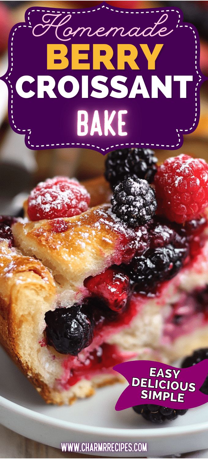 berry croissant bake on a plate with the title overlaying it