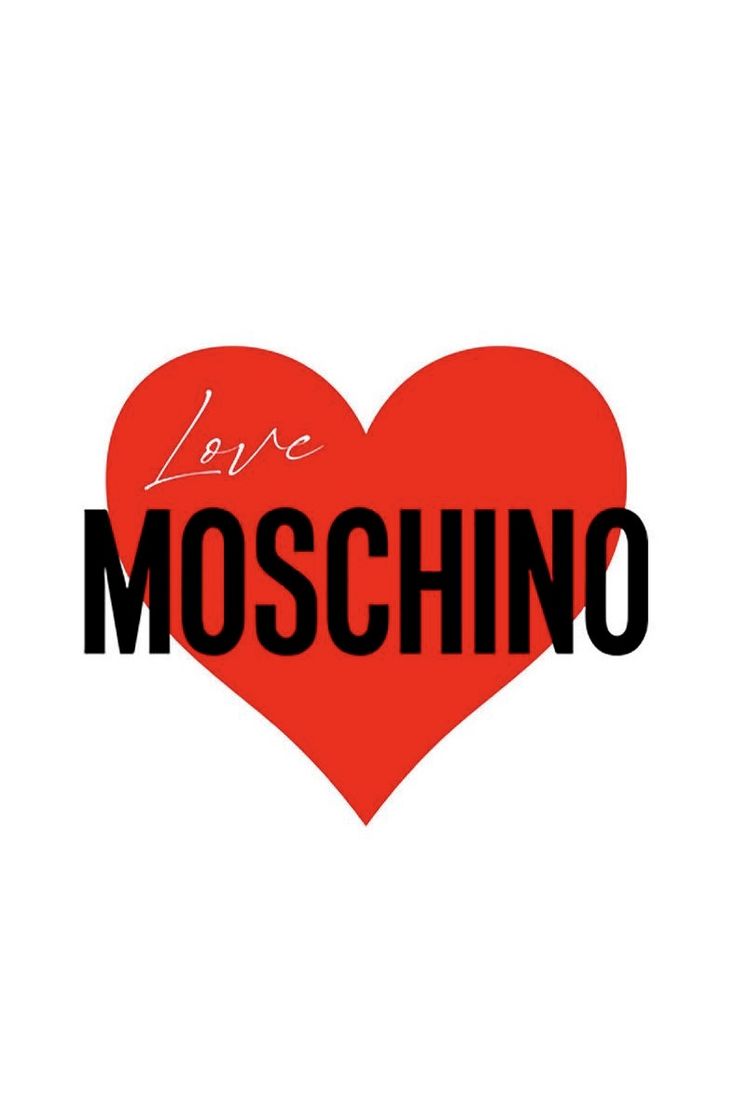 the word love moschino written in black and red on a white background with a heart