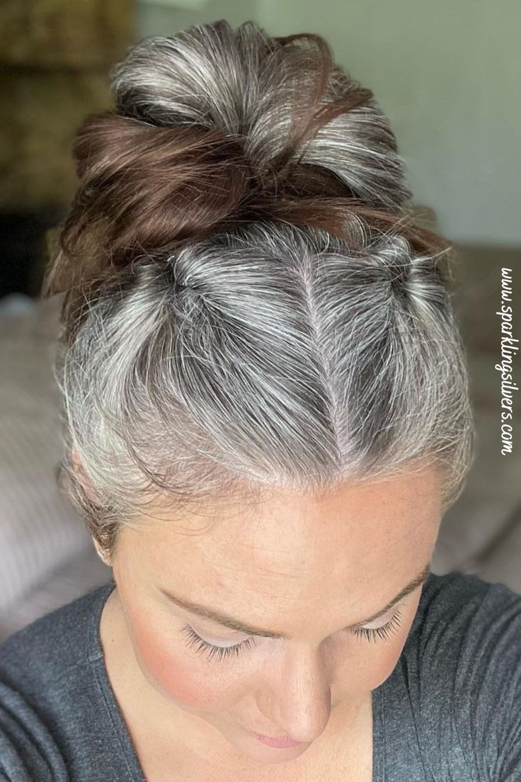 grey hairstyles Long Grey Hair Updo, Grey Hair Bun, Grey Hair Updos, Silver Hair Transition, Up Do Hairstyles, Gorgeous Haircuts, Grey Hair Transition, Grey Hair Roots, Growing Out Gray Hair