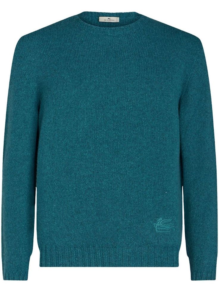 teal blue cashmere knitted construction crew neck long sleeves ribbed cuffs and hem straight hem Green Cashmere Long Sleeve Sweater, Luxury Blue Wool Sweater, Long Sleeve Blue Cashmere Sweater, Teal Mens Sweater, Turquoise Sweater, Luxury Jacquard Knit Men's Sweatshirt, Sweater Men, Cable Knit Jumper, Cashmere Jumper