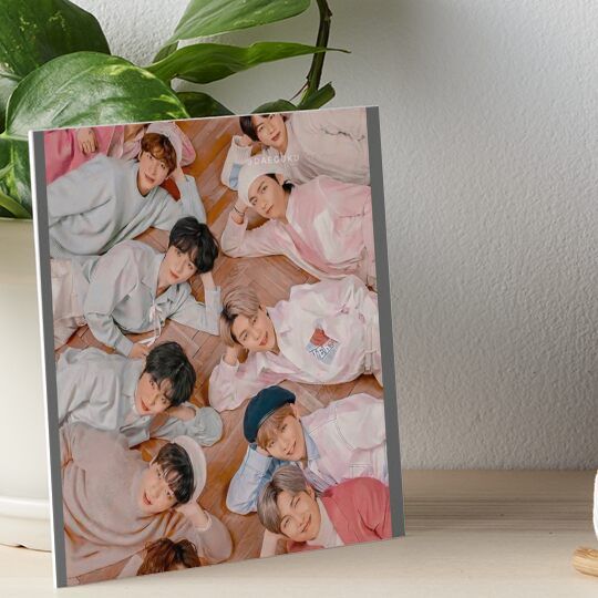 a group of young people posing for a photo art board print on a table next to a potted plant