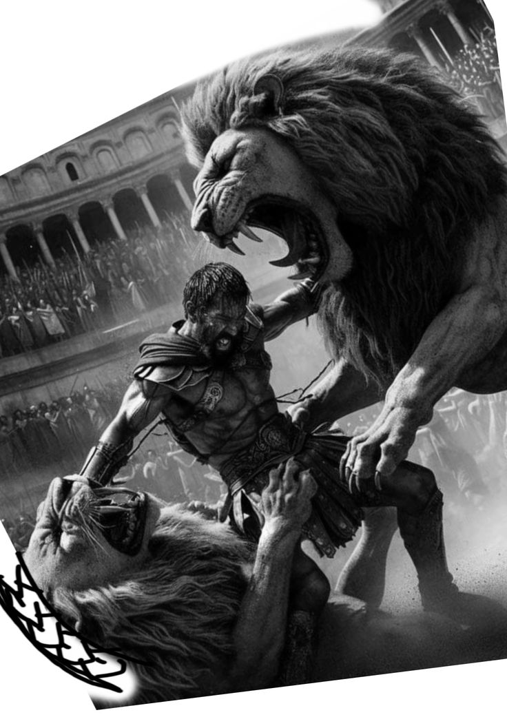 an image of a man being attacked by a lion