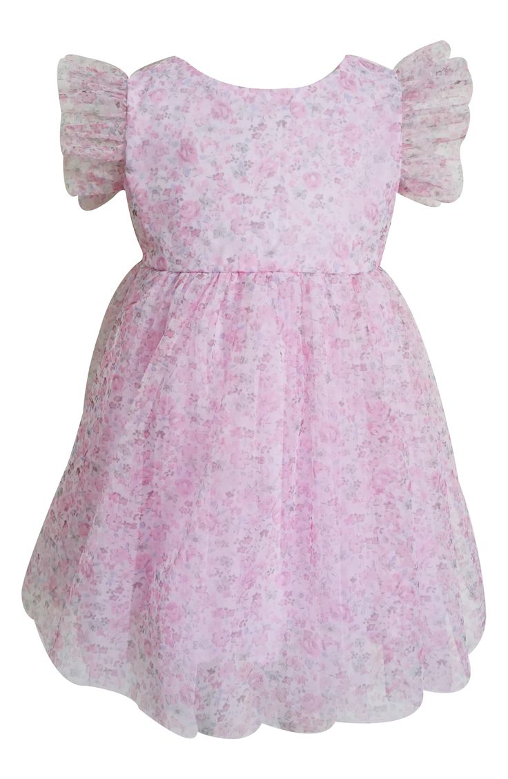 A soft cotton lining keeps your little one moving comfortably in this party dress featuring sweet blooms and adorable flutter sleeves. Cotton lining 100% nylon Hand wash, line dry Imported Cute Ruffled Floral Dress For Party, Cute Floral Ruffled Dress For Party, Spring Party Twirl Dress With Ruffles, Cute Floral Dress With Flutter Sleeves And Ruffles, Pink Floral Dress With Flutter Sleeves And Ruffles, Spring Princess Dress With Flutter Sleeves, Pink Short Sleeve Twirl Dress With Floral Print, Princess Style Flutter Sleeve Dress, Princess Style Dress With Flutter Sleeves For Dress-up