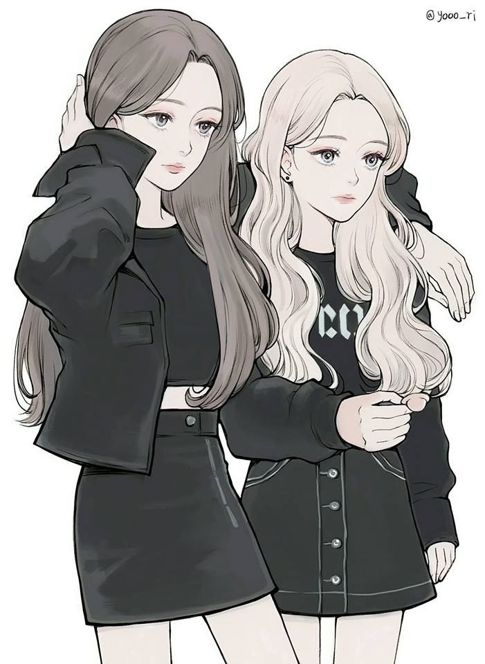 two girls with long hair standing next to each other, one is wearing a black jacket