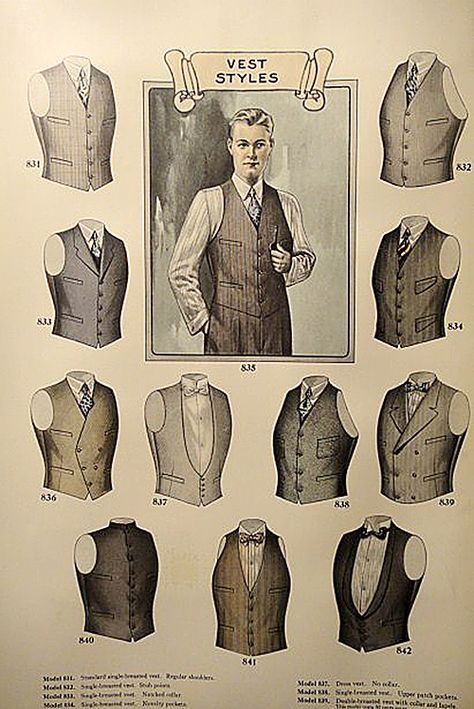 Plate from 1927 J.L. Taylor men's fashion catalogue. Fabulous selection of tailored vests for any style combination. Double Breasted style for Weisskopf. Era Victoria, Istoria Artei, Fashion Catalogue, Old Fashion, 1920s Fashion, Drawing Clothes, Vest Fashion, Gentleman Style, Classic Dress