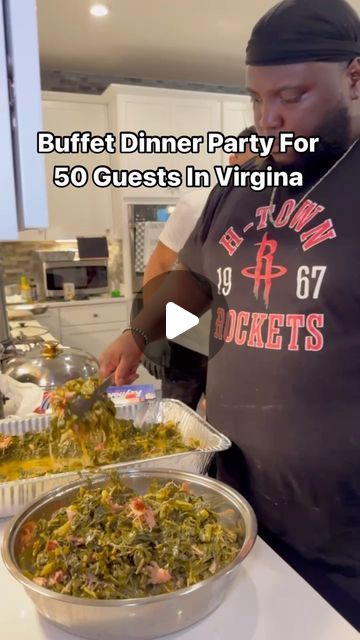 a man standing in front of a table filled with lots of food and text that reads buffet dinner party for 50 guests in virginia