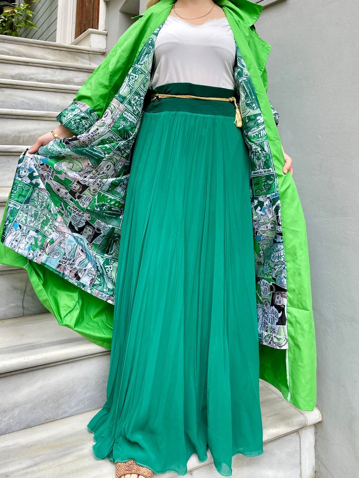 ⚜ Experience the elegance and comfort of the Emerald Green Long Chiffon Skirt, a versatile addition to your summer wardrobe that promises to enhance your style effortlessly. This exquisite skirt will offer a harmonious blend of beauty and practicality, ensuring you remain both fashionable and at ease throughout the day. With its luxuriously soft chiffon material and a flattering lined design, this skirt will become a staple in your daily wear. The elastic waistband will provide ultimate comfort, adapting perfectly to your shape and allowing for ease of movement. The Emerald Green Long Chiffon Skirt will be your go-to piece for a chic and comfortable look, promising to elevate your fashion game with its timeless design and superior comfort. ⚜ Features and Benefits Flattering lined design So Elegant Green Relaxed Maxi Skirt, Elegant Green Flowy Maxi Skirt, Elegant Green Flowy Skirt, Elegant Flowy Green Skirt, Elegant Green Pleated Maxi Skirt, Flowy Chiffon Pleated Skirt, Chic Green Pleated Maxi Skirt, Elegant Green Flared Skirt, Elegant Green Long Pleated Skirt