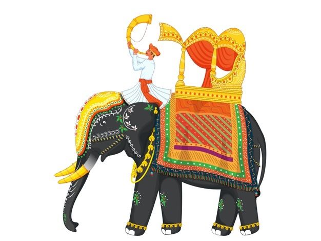 an elephant with a woman riding on top of it's back in front of a white background