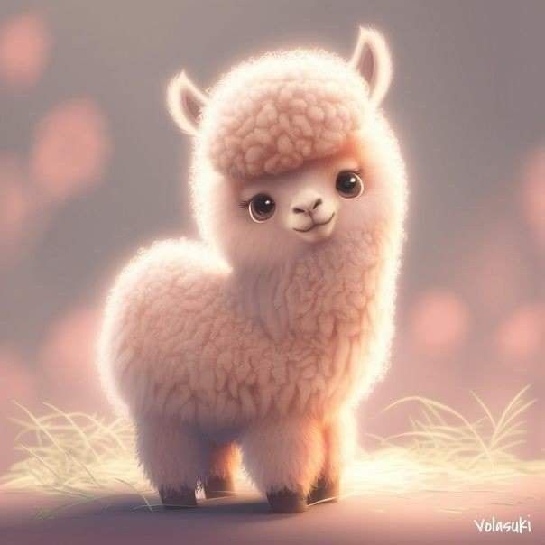 an adorable little llama standing in the middle of a field with grass and flowers